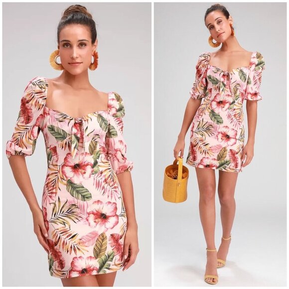 NWT LuLus ZALIKI PINK TROPICAL PRINT TIE-FRONT PUFF SLEEVE MINI DRESS Blush Smal - Picture 1 of 12